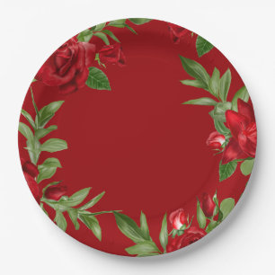 Prato De Papel Linda borda Floral Vermelha Vermelha