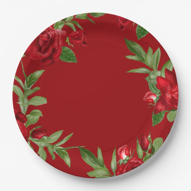 Prato De Papel Linda borda Floral Vermelha Vermelha (Frente)