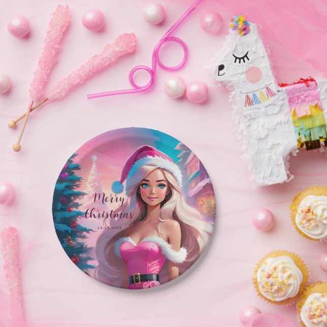 Prato De Papel Linda garota de Natal rosa 01 (Festa)
