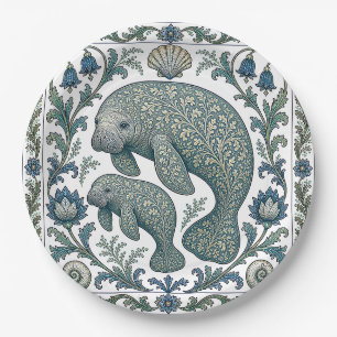 Prato De Papel Linda Mãe e Bebê Peixe-boi Vintage Ornamentado