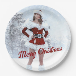 Prato De Papel Linda mulher de Natal sobre a neve do inverno