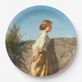 Prato De Papel Linda Mulher Olhando Sobre A Parede (Vintage)