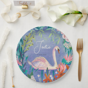 Prato De Papel Linda Princesa do Cisne Floral em Aquarela Nome