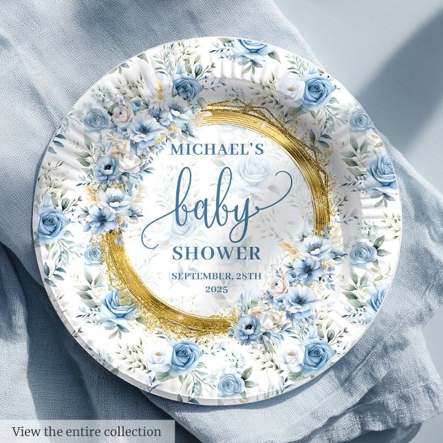 Prato De Papel Lindas flores azuis poeirentas douradas bebê perso (Lovely dusty blue flowers gold personalized baby Paper Plates)