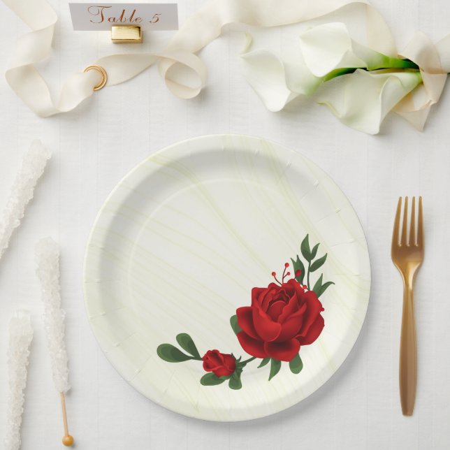 Prato De Papel lindas flores vermelhas folhas verdes (Casamento)