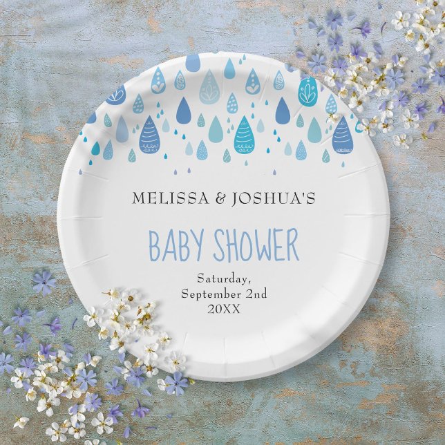 Prato De Papel Lindas gotas de chuva azuis Baby Shower Sprinkle (Cute Blue Raindrops Couples Baby Shower Sprinkle Paper Plates)