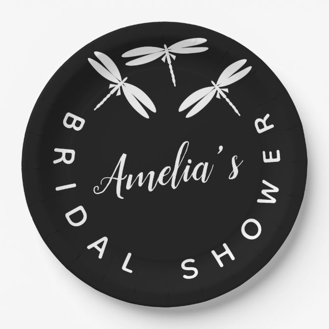 Prato De Papel Lindas Libélulas  Preto  Chás de Noiva  (Frente)