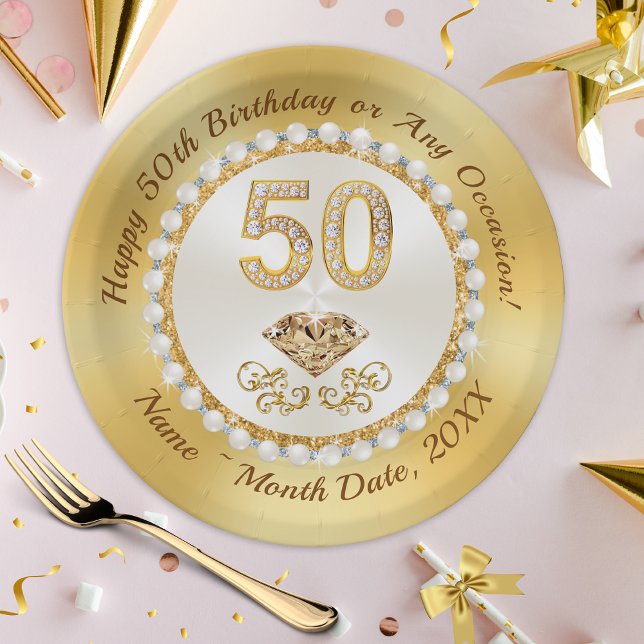 Prato De Papel Lindas, personalizadas, 50ª Placas de Papel de Ani (Custom, 50th Birthday Paper Plates. 50th Birthday Party Supplies, 50th Birthday Table Decorations.)