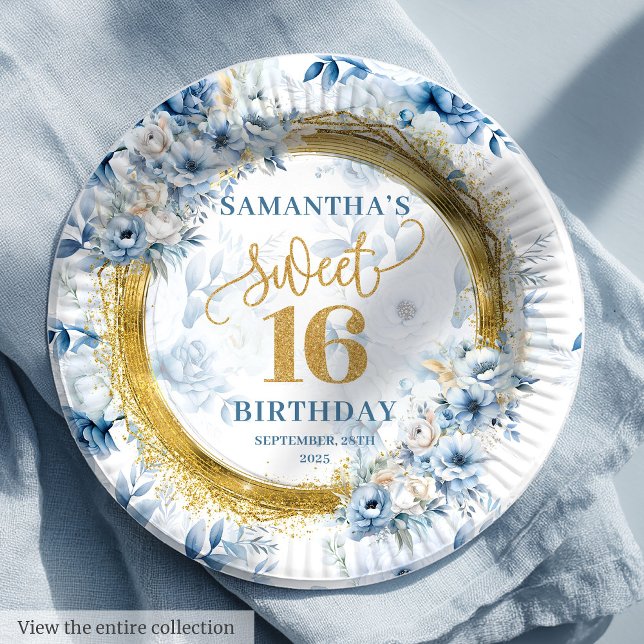Prato De Papel Lindas Pratas Douradas Azuis e Doentes (Beautiful Sweet 16 Dusty Blue Gold Glitter Plates

)