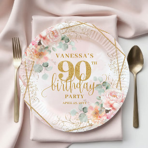 Prato De Papel Lindo Aniversário de 90 anos Rosa Bege Dourado Aqu