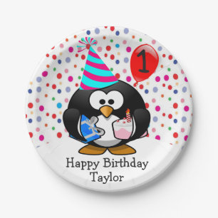 Prato De Papel Lindo Bebê 1º Aniversário Feliz Pinguim