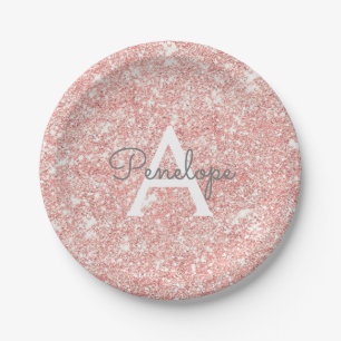 Prato De Papel Lindo Dourado Rosa  Brilho Glitter Monograma