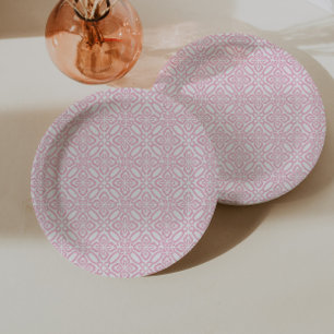 Prato De Papel Lindo Impresso de Azulejo Vintage Rosa e Branco