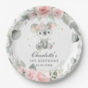 Prato De Papel Lindo Koala Rosa Floral Salvia Verdura Aniversário