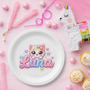 Prato De Papel Lindo Nome de Gato Kawaii Luna Rosa Pastel Brilhan
