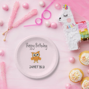 Prato De Papel Lindo owl laranja feliz aniversário em rosa