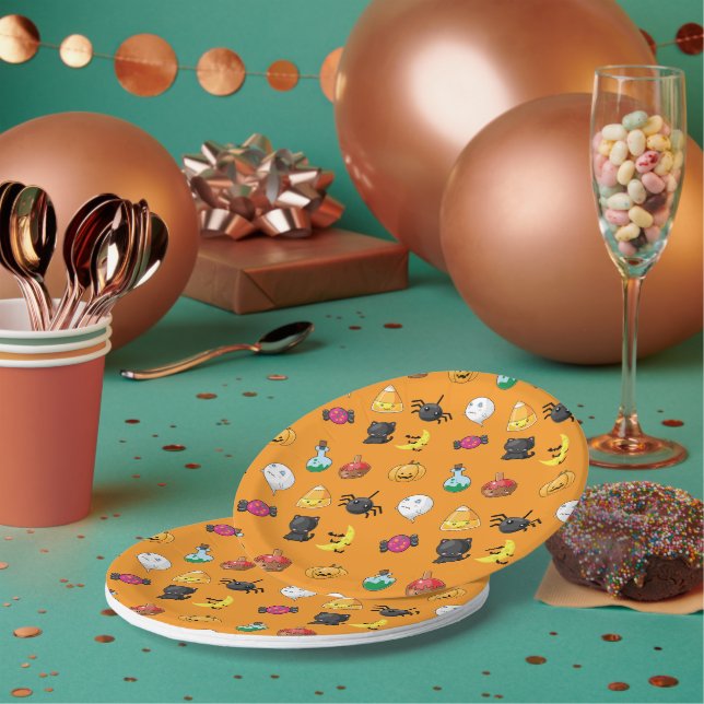 Prato De Papel Lindo padrão de Halloween com fundo laranja (Múltiplo)