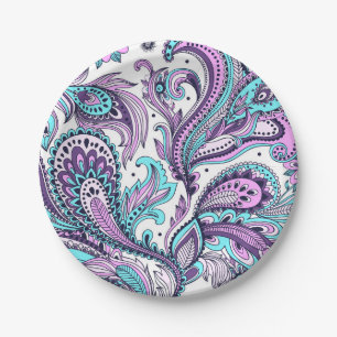 Prato De Papel Lindo padrão de paisley roxo e aqua