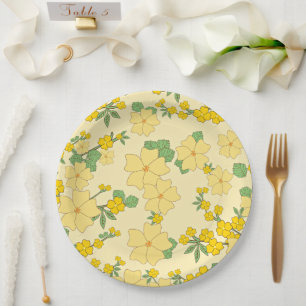Prato De Papel Lindo padrão floral em amarelo pastel,