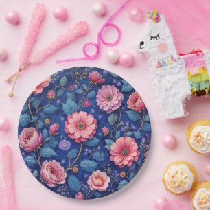 Prato De Papel Lindo padrão floral rosa e azul