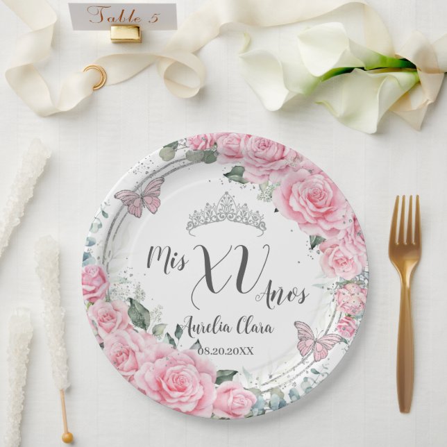 Prato De Papel Lindo Rosa Floral Borboletas Prateadas Quinceañera (Casamento)