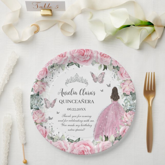 Prato De Papel Lindo Rosa Floral Princesa Prata Quinze Anos (Casamento)