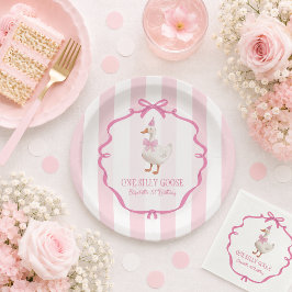 Prato De Papel Lindo Um Ganso Bobo Laço Rosa Primeiro Aniversário