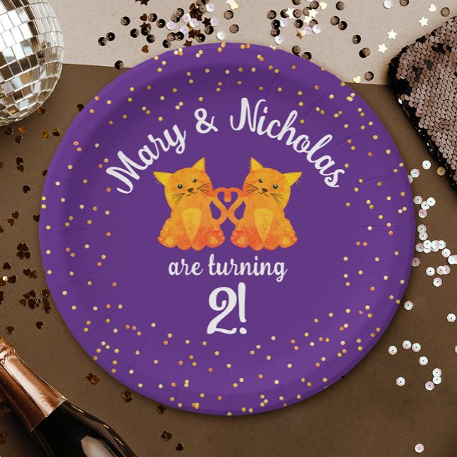 Prato De Papel Lindos gêmeos Aniversário Gatinhos Festa de Cartoo (Criador carregado)