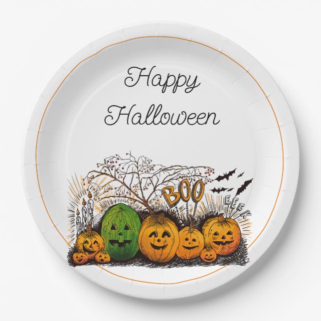 Prato De Papel Linha Jack-O-Lanterna para Cima (Frente)