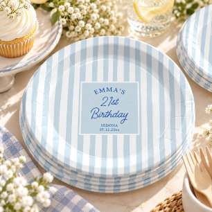 Prato De Papel Listra Azul Claro Aniversário de 21 anos Costeiro