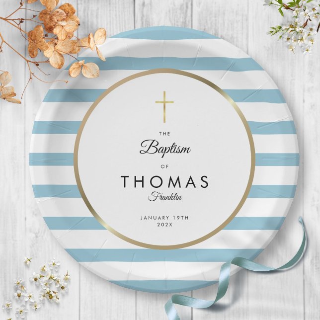 Prato De Papel Listra Azul Cruz Dourada Batismo Batizado (Blue Stripe Gold Cross Baptism Christening Paper Plates)