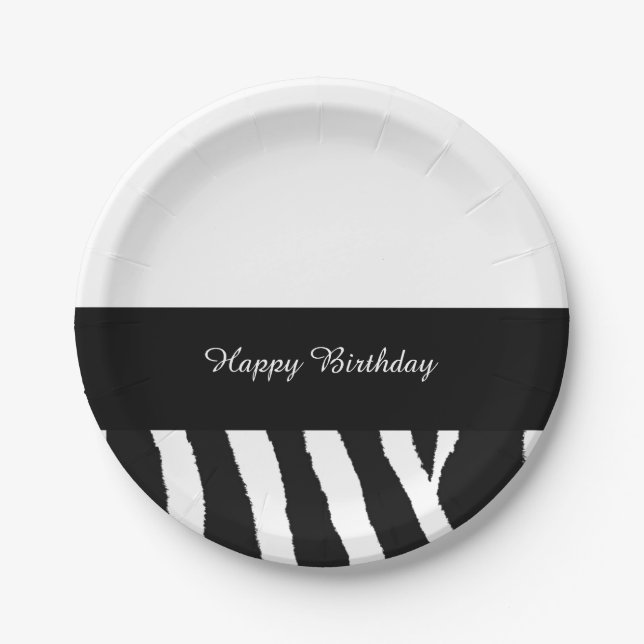 Prato De Papel Listra de Aniversário de Zebra Preto e Branco (Frente)