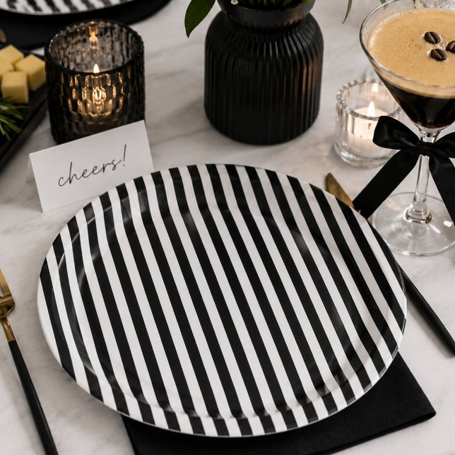Prato De Papel Listra preta e branca  (Black and white stripe paper plates)