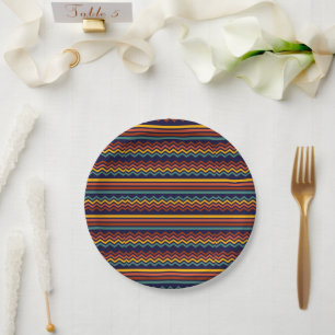 Prato De Papel Listras de Chevron Boho dos anos 70 em Azul Marinh