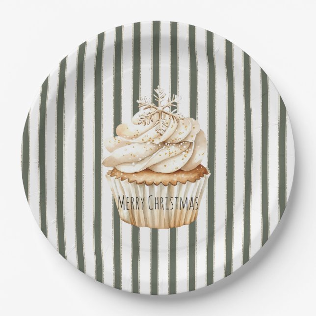 Prato De Papel Listras de Creme de Oliva Cupcake de Natal Floco d (Frente)