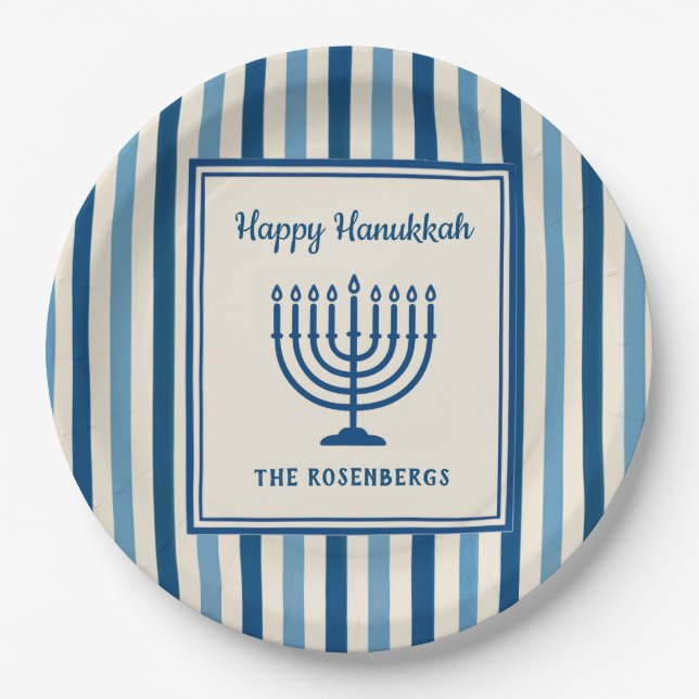 Prato De Papel Listras de Menorá de Hanukkah Personalizadas Moder (Frente)