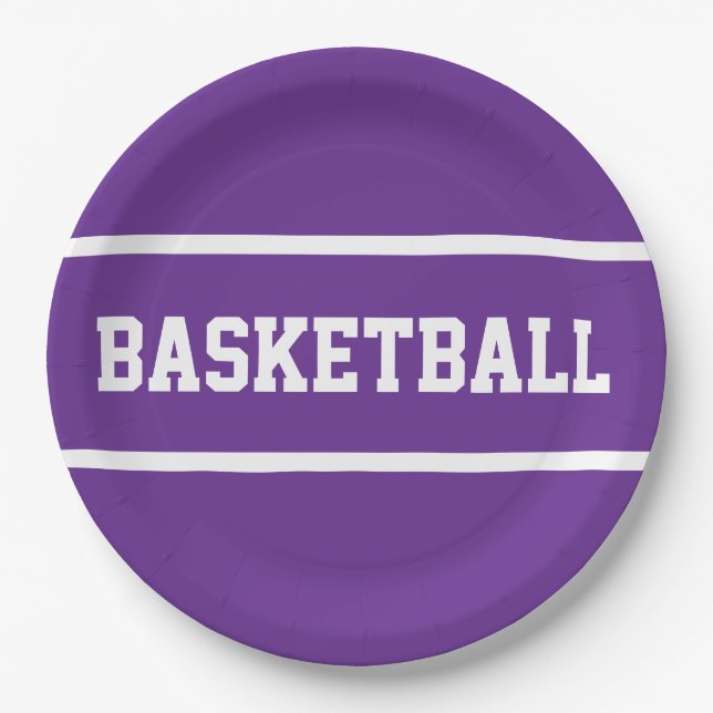 Prato De Papel Listras de texto de BASKETBALL Branco Roxo Real Es (Frente)