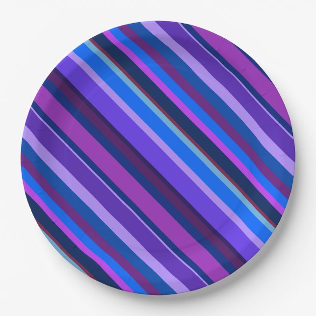 Prato De Papel Listras diagonais em azul e roxo (Frente)