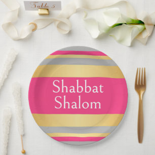 Prato De Papel Listras Rosa Quente Cinza Dourado, Glam Shabbat Sh