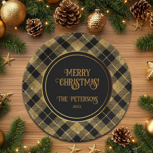 Prato De Papel Lítima Dourada Elegante de Tartan Preto