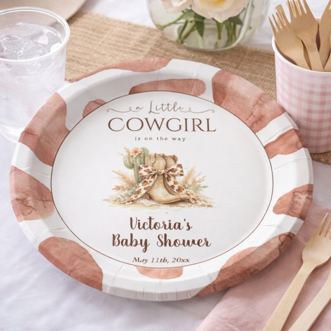 Prato De Papel Little Cowgirl Rustic Cowhide Girl Baby Shower (Criador carregado)