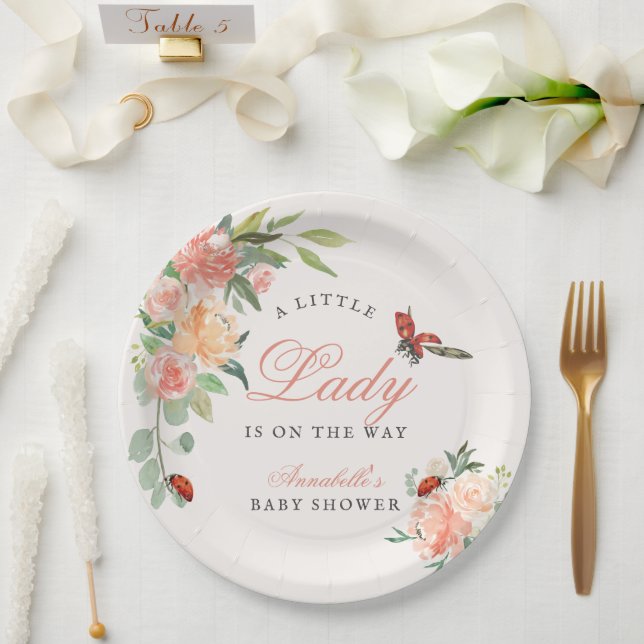 Prato De Papel Little Lady Ladybug Roses Girl Baby Shower (Casamento)