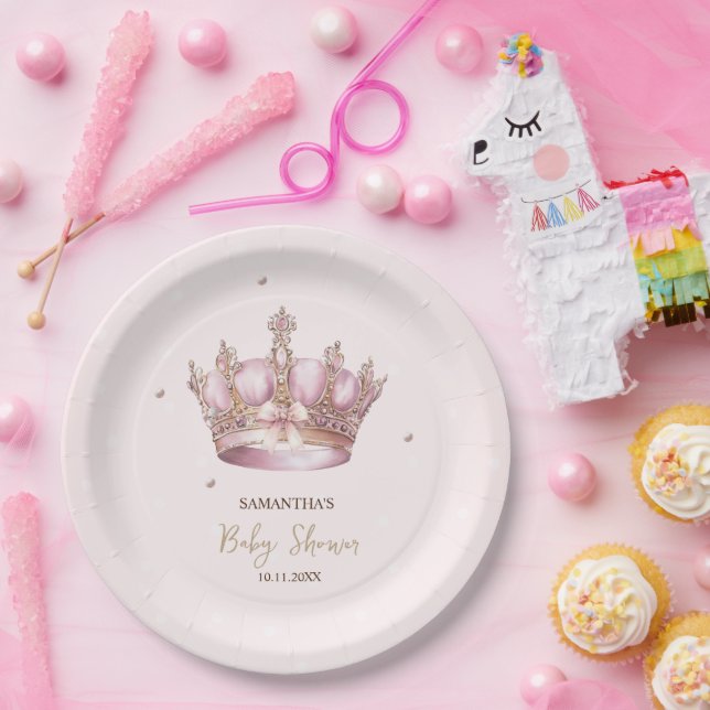 Prato De Papel Little Princess Crown Pearls Dots Baby Shower (Festa)