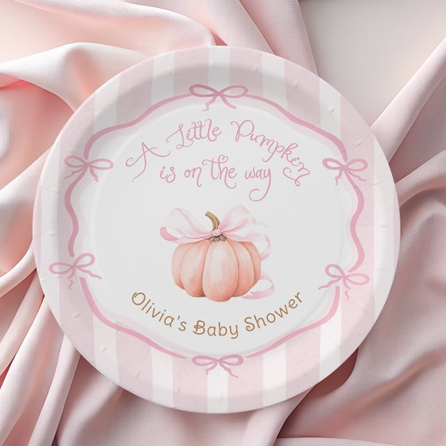 Prato De Papel Little Pumpkin on the Way Pink Baby Shower Paper (Criador carregado)