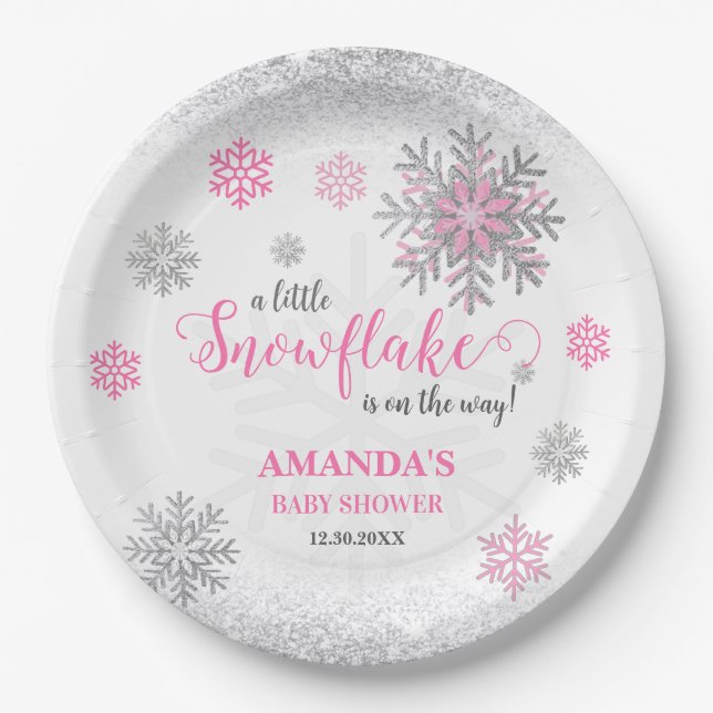Prato De Papel Little Snowflake Pink Silver Glittery Baby Shower  (Frente)