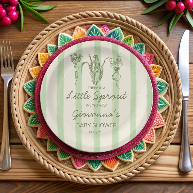 Prato De Papel Little sprout is on the way stripped Baby Shower (Little sprout is on the way retro green stripes Baby Shower monogrammed Paper Plates)