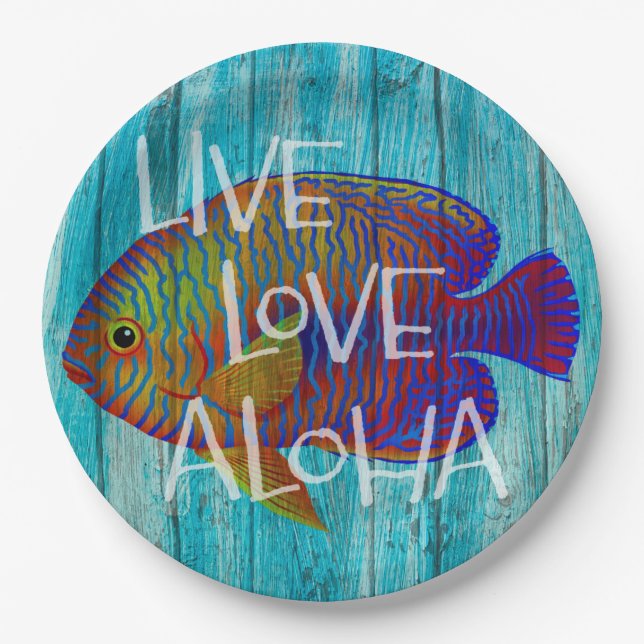 Prato De Papel Live Love Aloha Tropical Fish Beach Sinal (Frente)