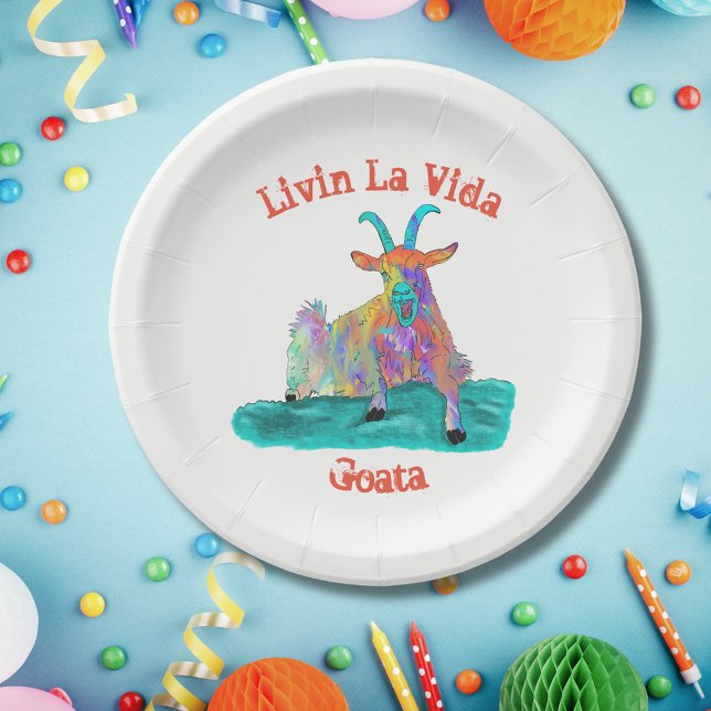 Prato De Papel Livin La Vida Goata Engraçado Gritando Design (Funny screaming goat joke livin la Vida goata summer paper plate colorful farm animal art)