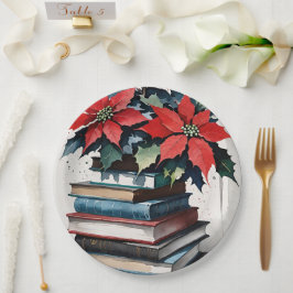 Prato De Papel Livros de Natal e Poinsetos