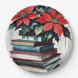 Prato De Papel Livros de Natal e Poinsetos